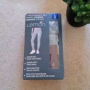Lemon Ribbed Leggings 2 Pack Women's Size Large Gray Brown Stretch Active NWOT